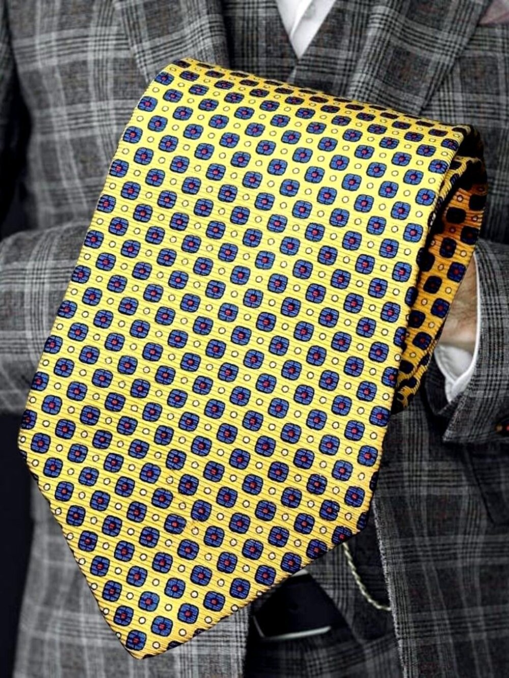 Lauren Ralph Lauren Yellow Red Gray Motifs Men's Silk Tie 57 X 3 5/8" Excellent